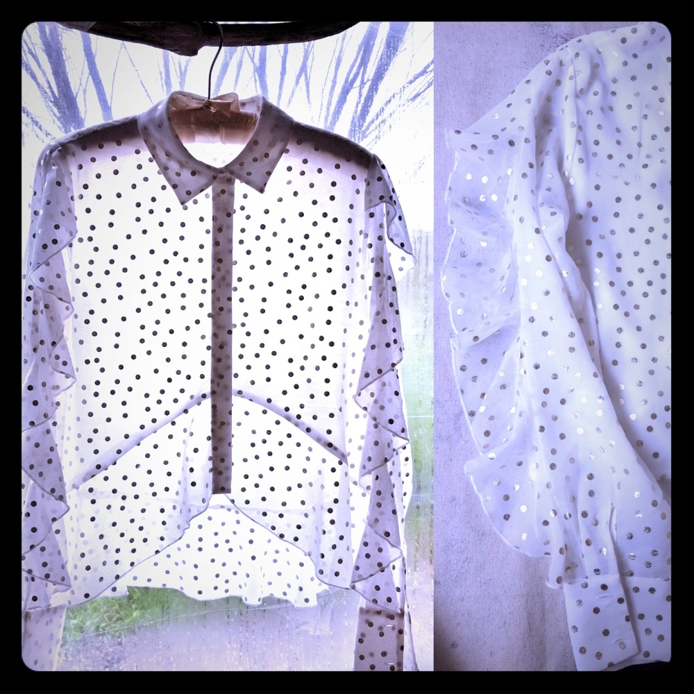 Lost Ink gold polka-dot ruffled slvs shirt Small